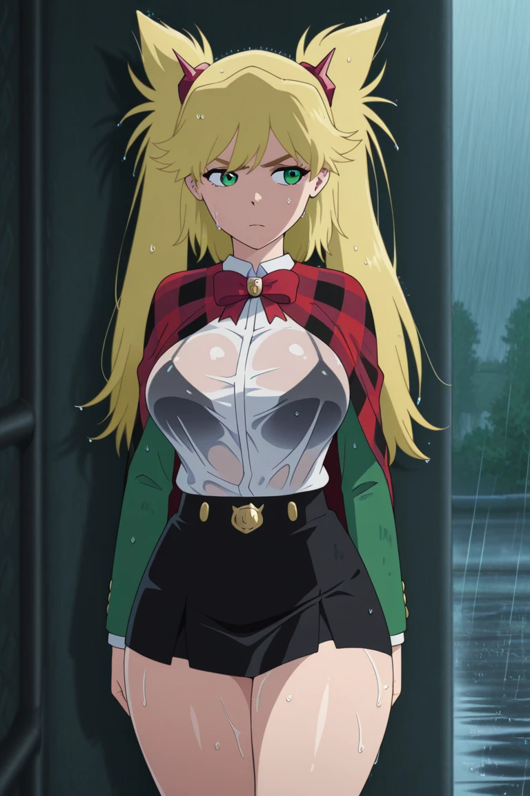 [Grimm], [The_Hunter's_Guild_Red_Hood], ((masterpiece: 1.3)), ((High Res)), ((detailed shading)), ((intricate details)), ((beautiful portrait)), ((1girl)), ((anime)), ((beautiful 2D art)), {(grimm); (long blonde hair), (green eyes), (frown), (massive boobs), (thicc thighs), (detailed leg muscles)} {(red hood on head), (tight white button-up shirt), (tight green pants)}, {(intimidating stance), (dynamic pose)}, [background; (woods), (tall trees), (blue sky), (sun rays through trees)]
