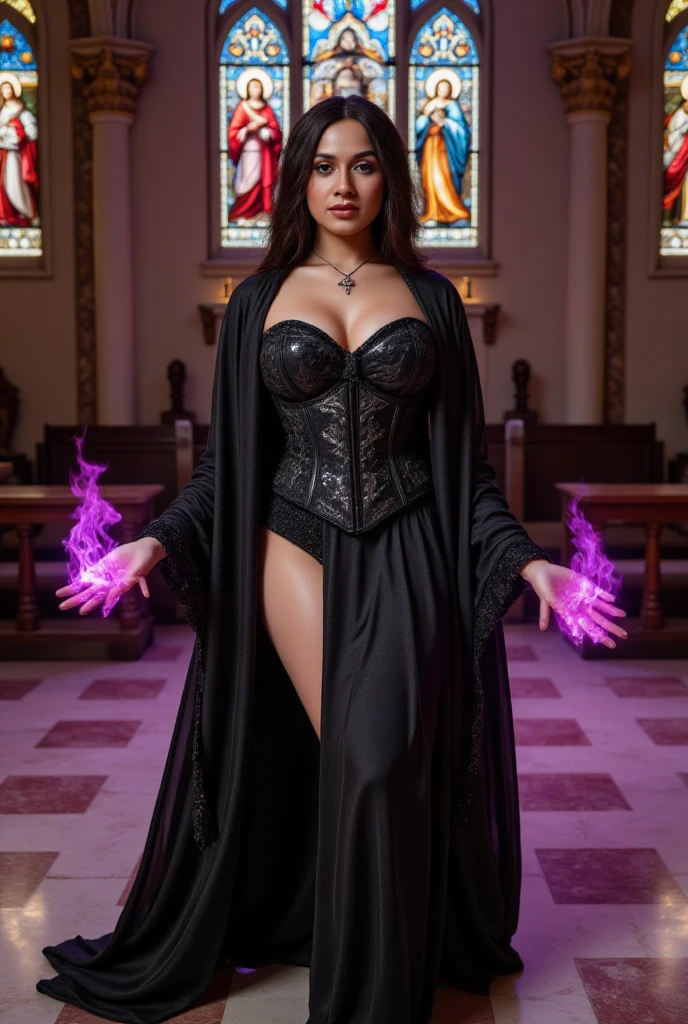 Lisa Ann: The evil nun, Demon horn, Demon wings on the head , sexy robe de nonne, His hands preparing a sphere of purple energy, diabolique, insidieux, His powerful magic hits the buildings of a city , Context of the Satanic Church, detailled eyes, detailed hands