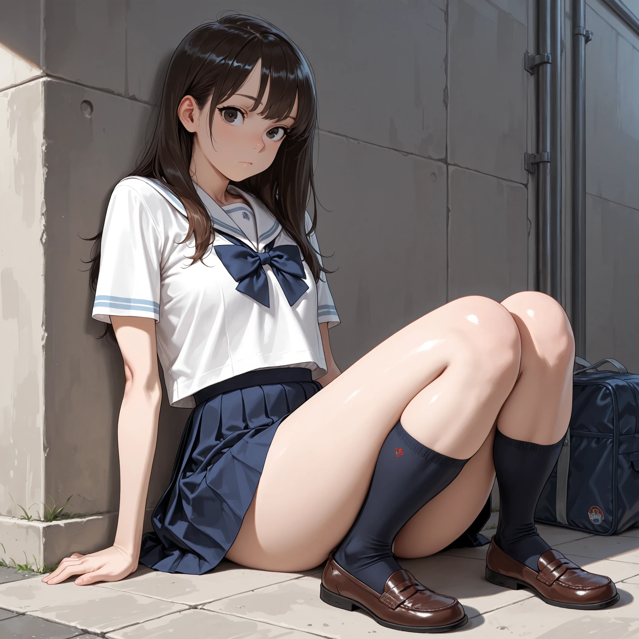 (8K, RAW Photos, Highest quality, masterpiece:1.2), High-quality RAW color photos, Professional photography, Cinematic Light, alone, (((young woman, Gal))), (Sharp features), (Small face), (Skin with attention to detail:1.2), clavicle, Cute face, Beautiful appearance, Long eyelashes, (Brown Hair, blue eyes, Long Hair), Beautiful breasts, (Slim figure:1.4), Highly detailed face and skin texture, , Sailor suit, mini skirt, loose socks:1.スニーカー3feet:1.3, (Dynamic pose:1.0), Embarrassing,Sit on the stairs, School building stairs, Artistic painting,Attractive thighs, Open your thighs, (A very fine touch:1.2), (A shy smile), (Beautiful breasts), (concentrate), (sweating:1.2), (Open your mouth), Highly detailed face and skin texture, Look to the side, from before,(((Spread the word_feet, Pussy, Split_ feet, from before, I can see your underwear)))