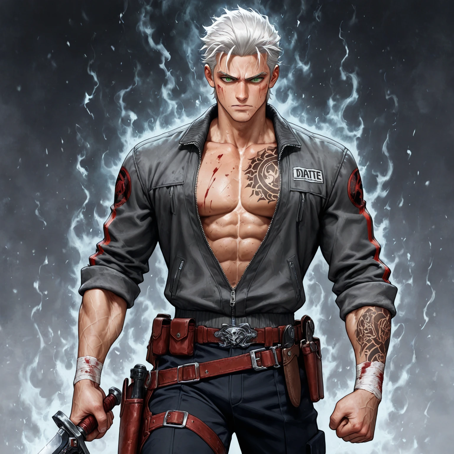 white haired male teenager, Dante Devil May Cry style hair, training with knife, angry, realistic epic, photo, faded, complex things around, room background all white, no window, soaked, neutral colors, (((((HDR)))), ((((soft colors)))), intricate scene, artistic station, intricate details, vignette,