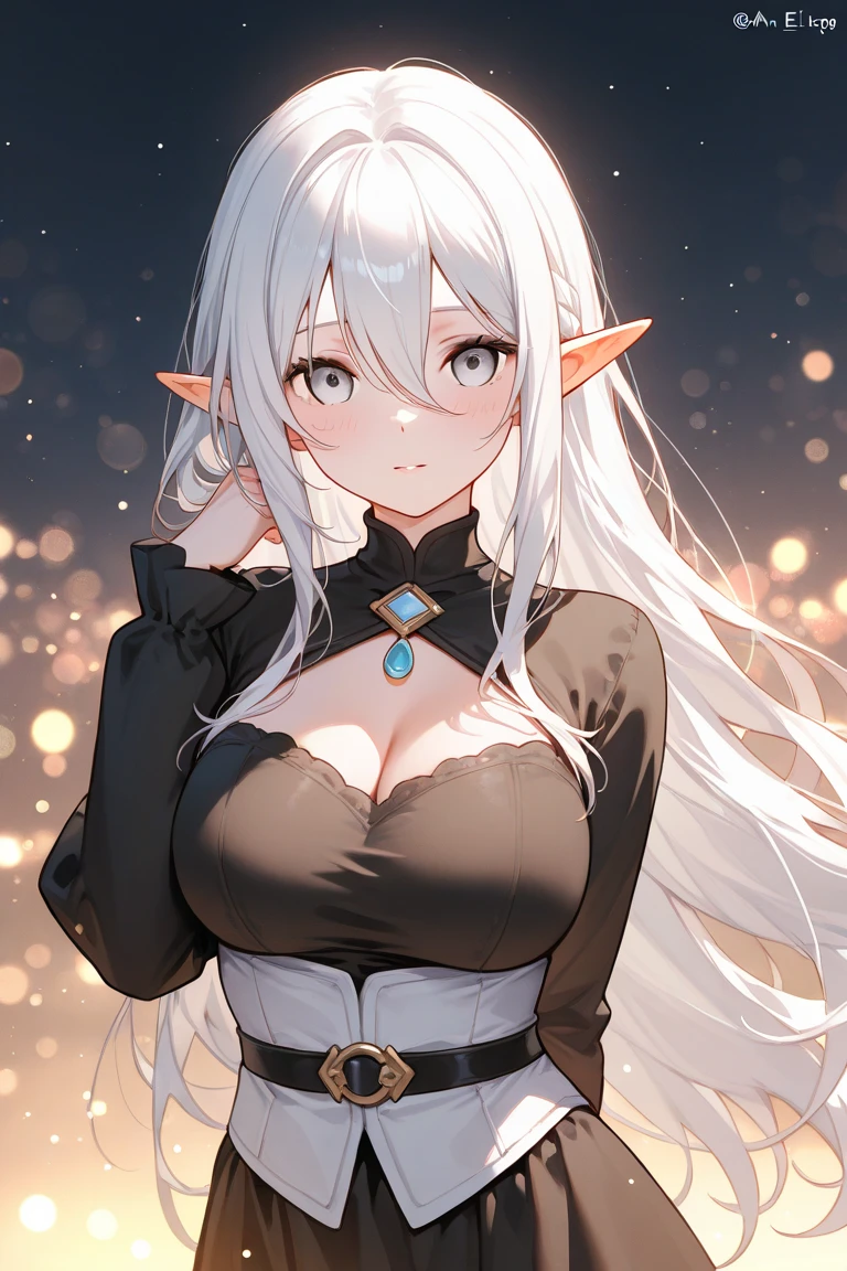 1girl, anime, cute girl, elf, blank background, white background, fantasy, detailed dark fantasy dress with highlights, beautiful face, beautiful eyes, dark colors, medium breasts, slight cleavage, beautiful skin, cute, silver hair, red eyes, breast curtains, extremely delicate and beautiful, (beautiful detailed face:1.0), (detailed deep eyes), symmetrical breasts, deep eyes, shiny skin, portrait, slender waist, hips wider than shoulders, thighs, young girl