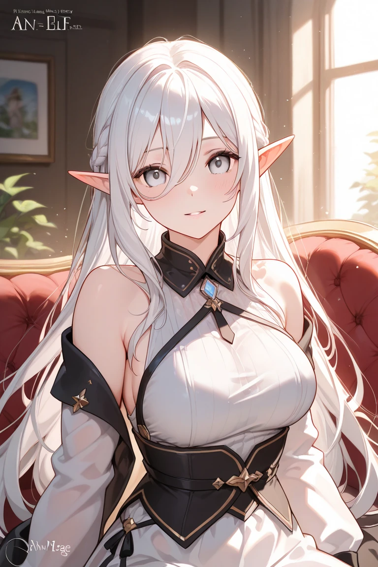 1girl, anime, cute girl, elf, blank background, white background, fantasy, detailed dark fantasy dress with highlights, beautiful face, beautiful eyes, dark colors, medium breasts, slight cleavage, beautiful skin, cute, silver hair, red eyes, breast curtains, extremely delicate and beautiful, (beautiful detailed face:1.0), (detailed deep eyes), symmetrical breasts, deep eyes, shiny skin, portrait, slender waist, hips wider than shoulders, thighs, young girl