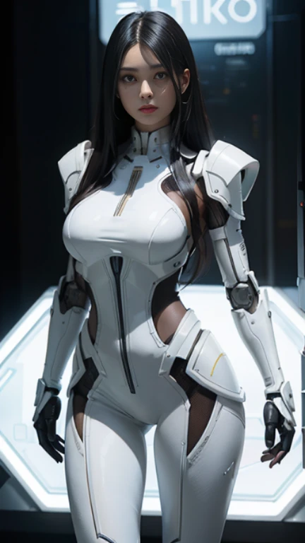 dystopic, [Science fiction], RAW color photo of high vision, full shot, front angle, of (Beautiful female arterial intelligence, Transparent white chemise dress), Outdoor, standingn, on the viewpoint, Looking towards the vast skyline of the Cyberpunk city), toned physique, granof, (pale-skin), Perfect face, seductive look, (cyber implants:1.2), Laser blaof on the arm, (Increase), (ciborg:1.1), (Ophthalmic skin, Skin Spin Pores), silicone, Metal, (Highly ophthalmic,  Fine details, intricate), (lens reflection:0.5), (flower:0.5), esmog, dust, (badlands:0.8), (observatory:0.7), Ray Tracing, specular lighting, shallow depth of field, photographed with a Sony Alpha 1 lens, SE 85mm, F/2.8, Rigid focus, Plain film, cinematic Still, [Cyberpunk:Orweliano:12]