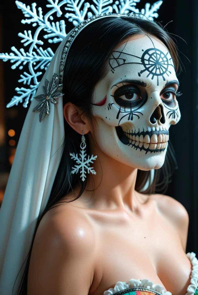 (dark shot:1.4), 80mm, a pretty cute woman with curly long hair with (colored makeup Dia de Muertos:1.3): posing in luxury castle, wreath of roses (on head:1.2), intricate detailed long (red dress:1.3) with black lace details, 4k, 8k, (intricate details:1.12), hdr, (intricate details, hyperdetailed:1.15), (natural skin texture, hyperrealism, soft light, sharp:1.2), soft light, sharp, exposure blend, medium shot, bokeh, (hdr:1.4), high contrast, (cinematic, teal and orange:0.85), (muted colors, dim colors, soothing tones:1.3), low saturation, (hyperdetailed:1.2), (????:0.4)