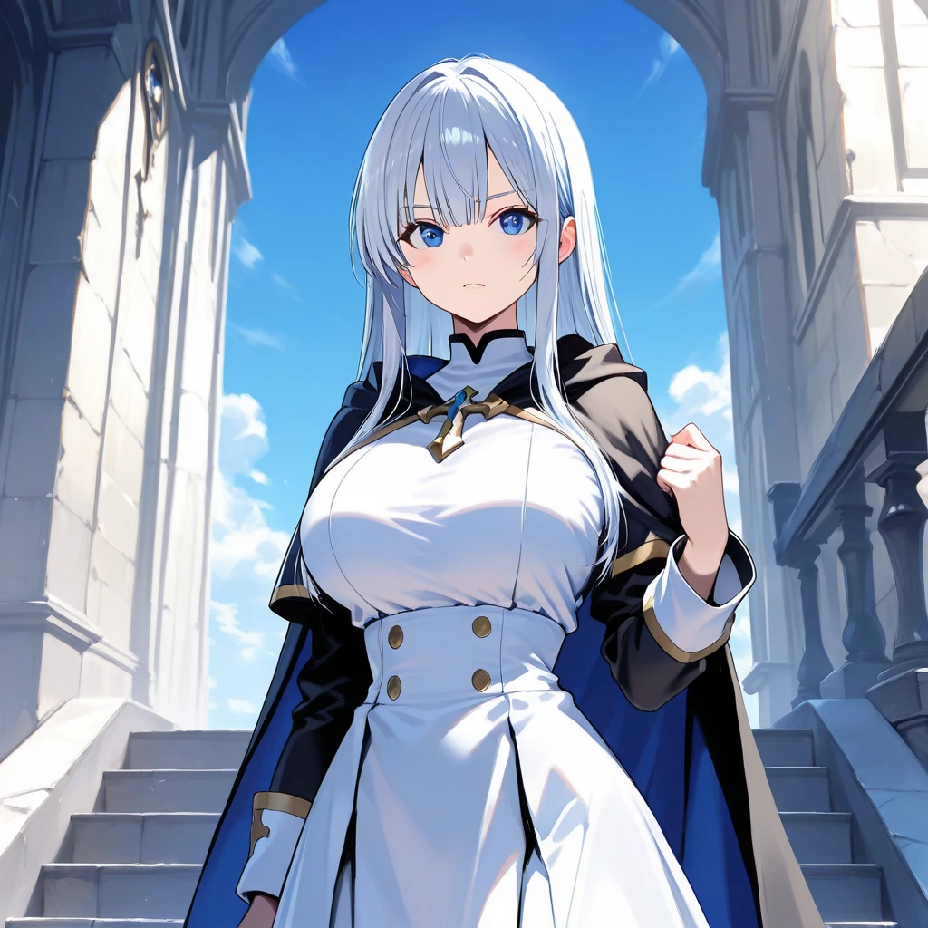 1girl, cowboy shot, beautiful noelle_silva,long hair ,twintails, bangs, earring,jewelry, silver hair,purple eyes, mage_dress,white dress, cleavage, capelet,long sleeves, water, medium breast ,smile,room,indoors, front light, volumetric lighting, best quality, masterpiece, intricate details, tonemapping, sharp focus, hyper detailed, trending on Artstation, black cape,