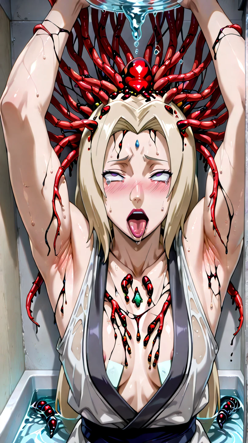 ((masterpiece,Highest quality:1.3)),(((Long needle tentacles pierce nipples:1.8))),((focus nipples、bleed))、(A mechanical tentacle with a needle tip tortures a woman:1.5)、(((upper body))),1woman、A dying 30-year-old beautiful investigator、独奏,(very small head:1.3),green hair,(low ponytail),long hair,blunt bangs,green eyes,gorgeous eyes,tears、Pain、open mouth,drooling,medium breasts,(very long body:1.2),(toned body,slender body,skinny),gleaming skin,shiny skin,oily skin,((Injury:1.4)),topless,nipples,arms up,spread legs:1.3,(Mechanical tentacles restrain a woman:1.3)、Inside an abandoned building、rubble、World of Blade Runner、nsfw,