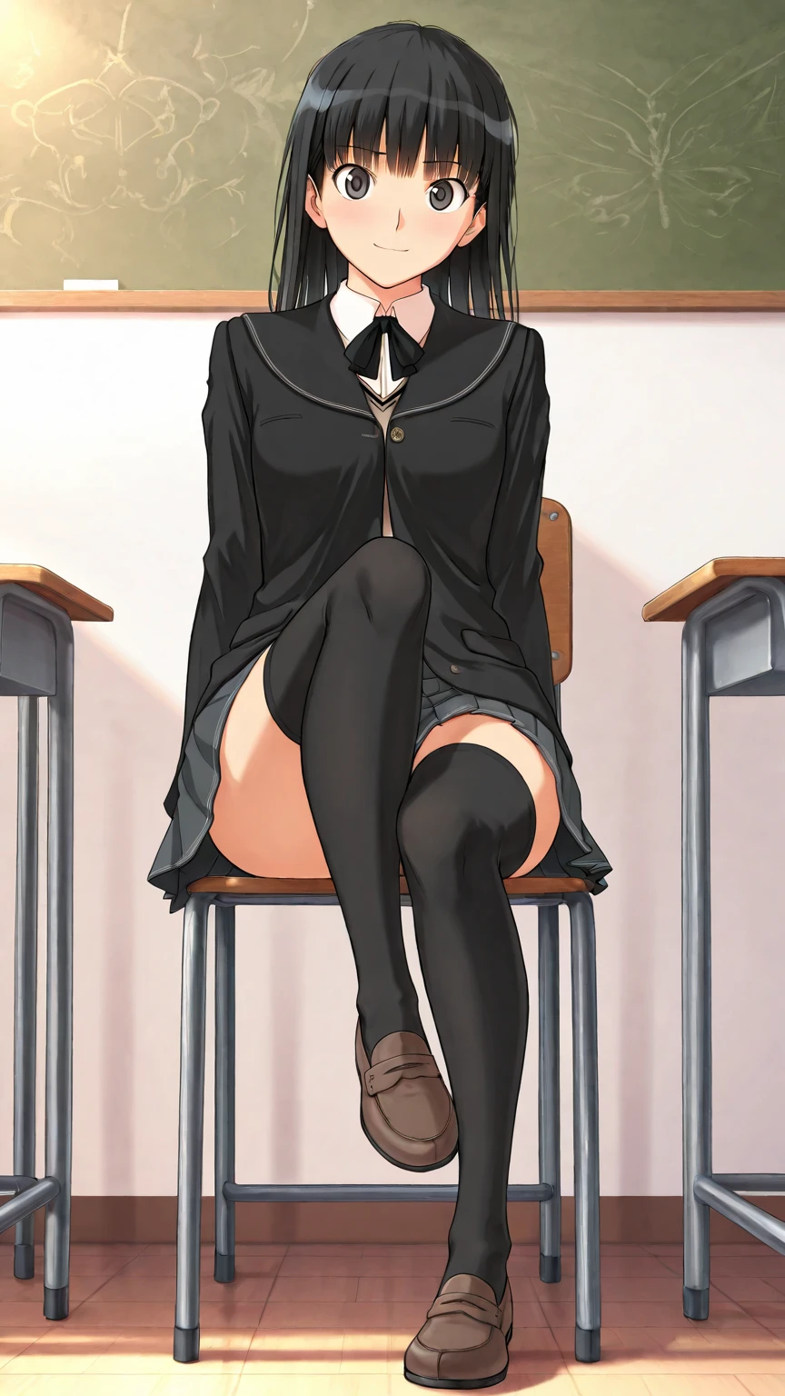 ​masterpiece、hight resolution、Top image quality、 kurihara chiyo、Bob cut hair、A dark-haired、bangss、A slender、School Uniform、Brown blazer、pleatedskirt、Photographing the subject from below、Lying in bed、Normal bit、Missionary Pose、kiss face、drooling、sticking out the tongue、red blush、Shy laughter、Ashamed、open hand、Spread your legs、panties on、skinny thigh、Focus on the thighs