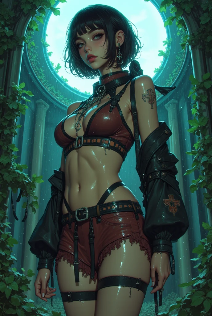 absurdres, highres, ultra detailed, (1 girl: 1.2), (((light tanned skin: 1.4))), abs: 1.3, round ass, black necklace shoker, unity 8k wallpaper, a woman, wet, sweat, Dynamism, cinematic shot, intricate details, (lifting jacket: 1.3), grab ass, (visible skin: 1.3), sexy clothes, tease, playful expression, seductive pose, (masterpiece, ultra highres, detailed background:1.5), (intricate surroundings: 1.3), (elaborate scenery:1.3), (rich textures: 1.3), (detailed lighting: 1.2), (dramatic shadows: 1.2), (vivid color palette: 1.2), pool, seductive pose, Dark hair, Short and ((Spiky) Pixie haircut), bright lighting, cyberpunk,  Large breast