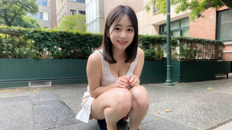 Highest quality、8k、No makeup、masterpiece、Ultra-high resolution、Clear photos、Professional Lighting、Natural light、Very cute girl、(Small breasts)、(Large erect nipples)、Very slim、Tight waist、Delicate body、Very short bob hair:1.8、Brown Hair:1.8、Beautiful Hair、Thin legs、smile、Sidewalk、There are many passers-by、Wearing a white tank top、(she wears a tight black miniskirt:1.8)、Wearing white panties:1.8、(Squat with your legs apart:1.8、Embarrassing pose:1.2、She gets excited and shows off her white panties:1.6)