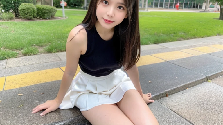 Cute face Real beautiful girl 15 year old beautiful girl whole body mini skirt Tank top Beautiful thighs Sitting on the grass Baby Face smile clear low length Middle school students high school student