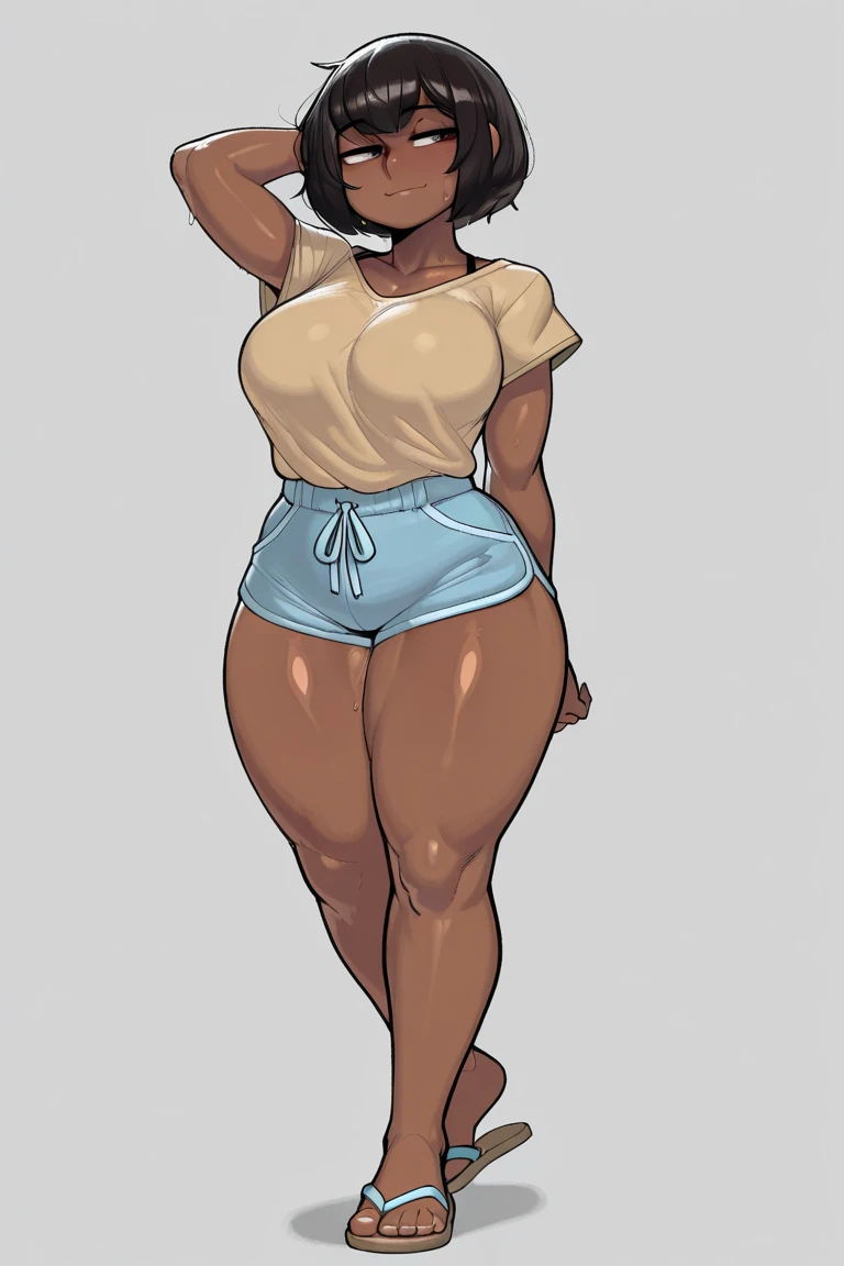 full body in image, full woman, (feet on image), simple hair, female body, all stars Sneakers,, white micro shorts jeans, shorts jeans, denim shorts, curvy body, large hips, beautiful woman, thicc body, big thighs, voluptuous body, full thick body, dinamic pose, curve body. detalied pose, body, simple background, expressive face, focus on face, line art, sketch