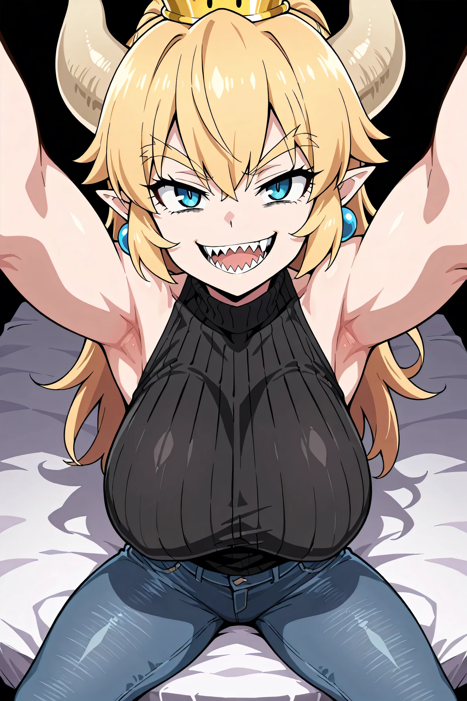 best quality, high resolution, large breasts, blonde hair, blush, embarrassed, cowboy shot, looking at viewer, bowsette, pink lip