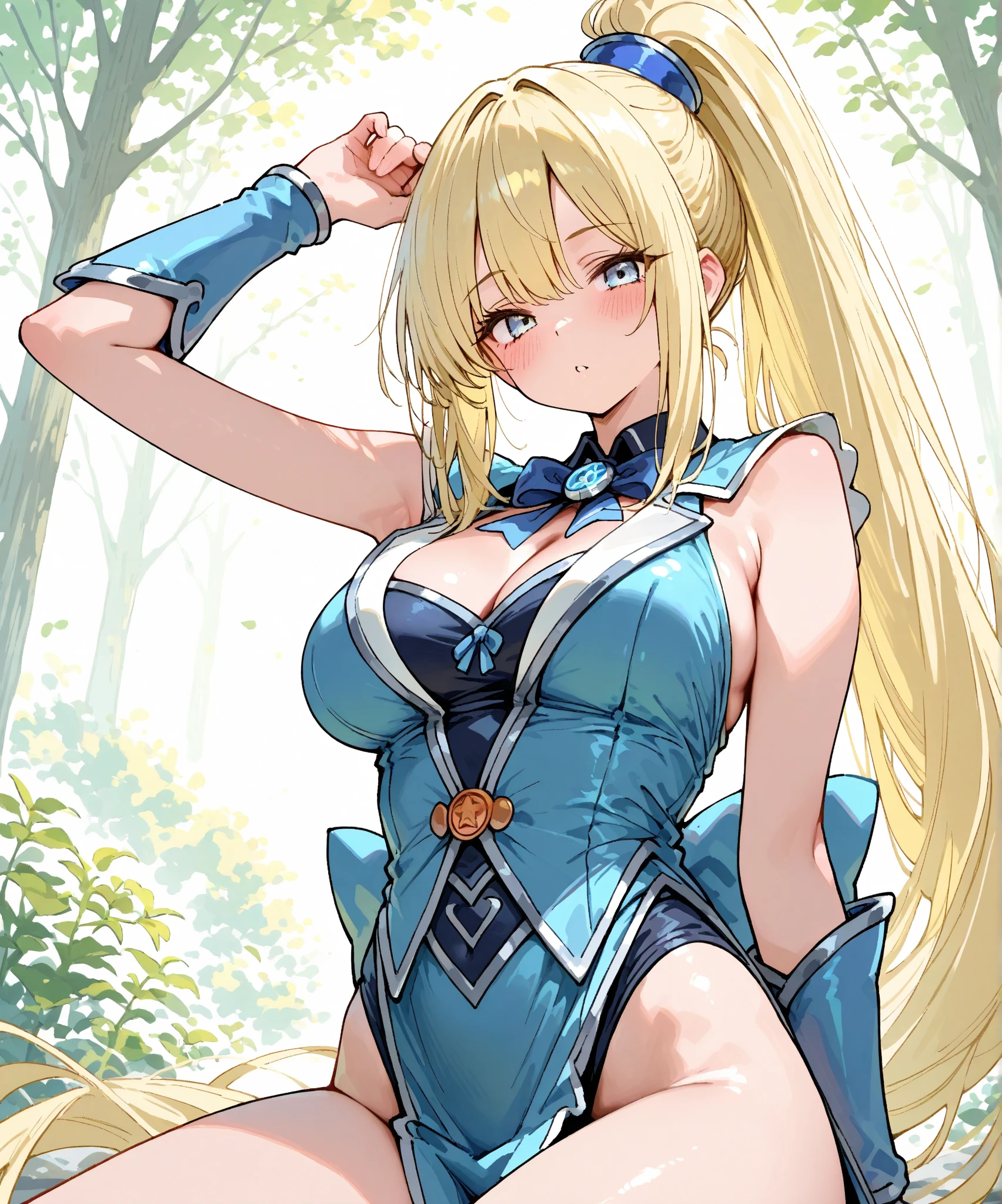 (masterpiece, best quality:1.2), 1 Girl, Solitary, blond, Blue hair band, 左边是Blue hair band, White blue breast, Black gloves, knight skirt, Gray background