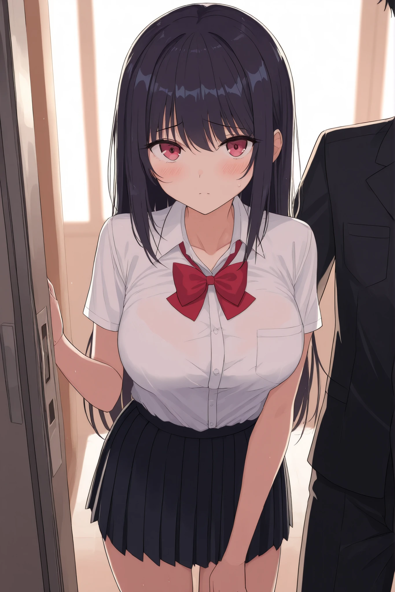 masterpiece, best quality, (1faceless boy:1.3),(boy grabbing breast:1.1),1girl .(school uniform:1.2), black long hair,brown eyes,(classroom:0.8), (sunset:0.7),(medium breasts:1.4), (sad smile:0.8)