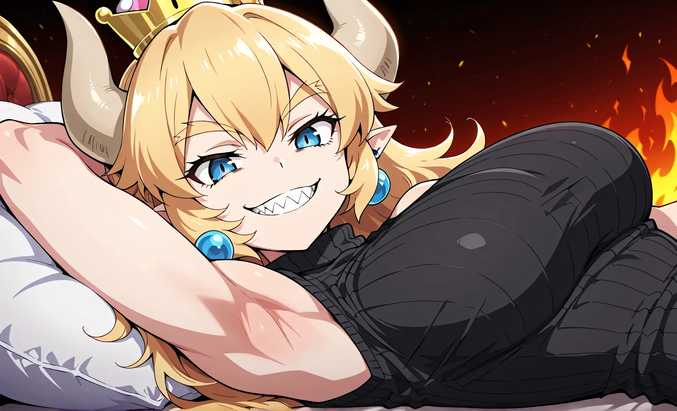 (masterpiece, best quality:1.2), bowsette, blush, dress, hair between eyes, bare shoulders, jewelry, collarbone, tail, ponytail, teeth, pointy ears, sweatdrop, black dress, strapless, strapless dress, turtle shell, indoors, bed, bedroom, seiza, from above, looking at viewer, smile, hands on own lap