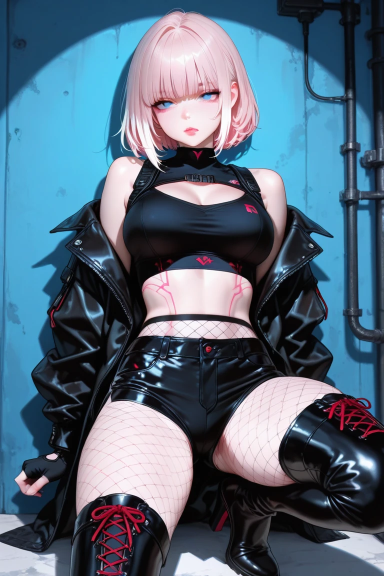 {best quality}, {very aesthetic}, {very detailed}, {best illustration}, nsfw, girl, solo, full shot, naked, ((no panties)), (full body fishnet stockings: 1.4), white background、pink hair