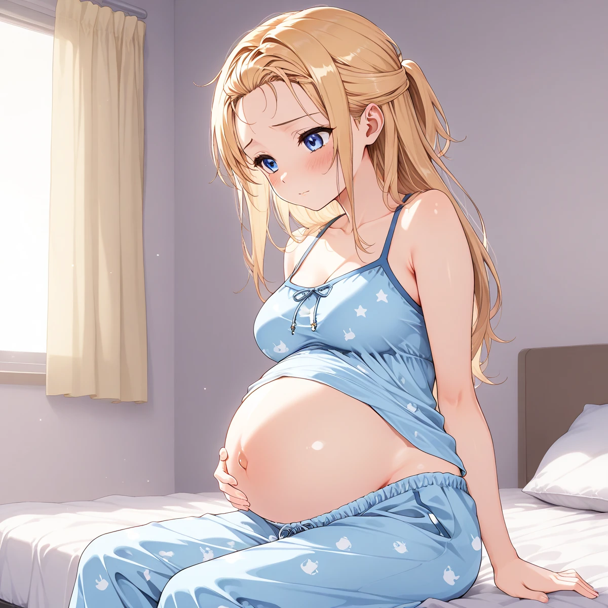 masterpiece,best quality, ultra-detailed,1girl(sakurai momoka, lovely small breasts,naked body, wavy hair, blonde hair, headband, pink flower in hair,green eyes), a face in love, lovely smile, glow lips, nose blush, blush, facing viewer , looking at viewer, solo, pregnant, see-through nightgown, in the bedroom, on the bed, sitting,