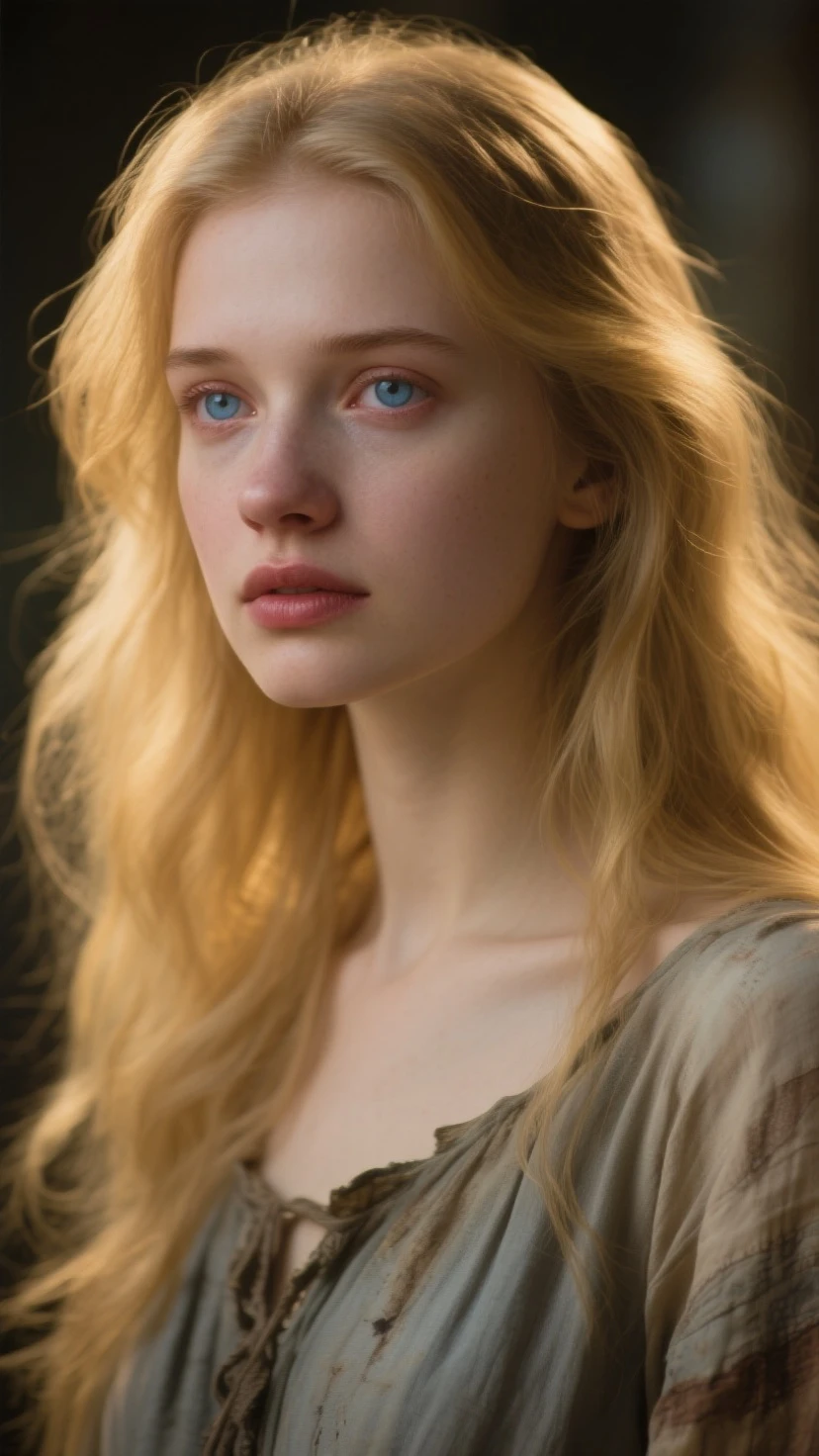 8k, masterpiece, best quality, realistic, higly detailed, full body picture, 1female, solo, dnd, d&d, dungeons and dragons, dungeons & dragons, rpg, bard, 20 year old girl, very beautiful smiling girl, blonde hair and blu eyes, naked, sitting on the floor of a medieval room. she is very frightened and her gaze conveys the terror that pervades her