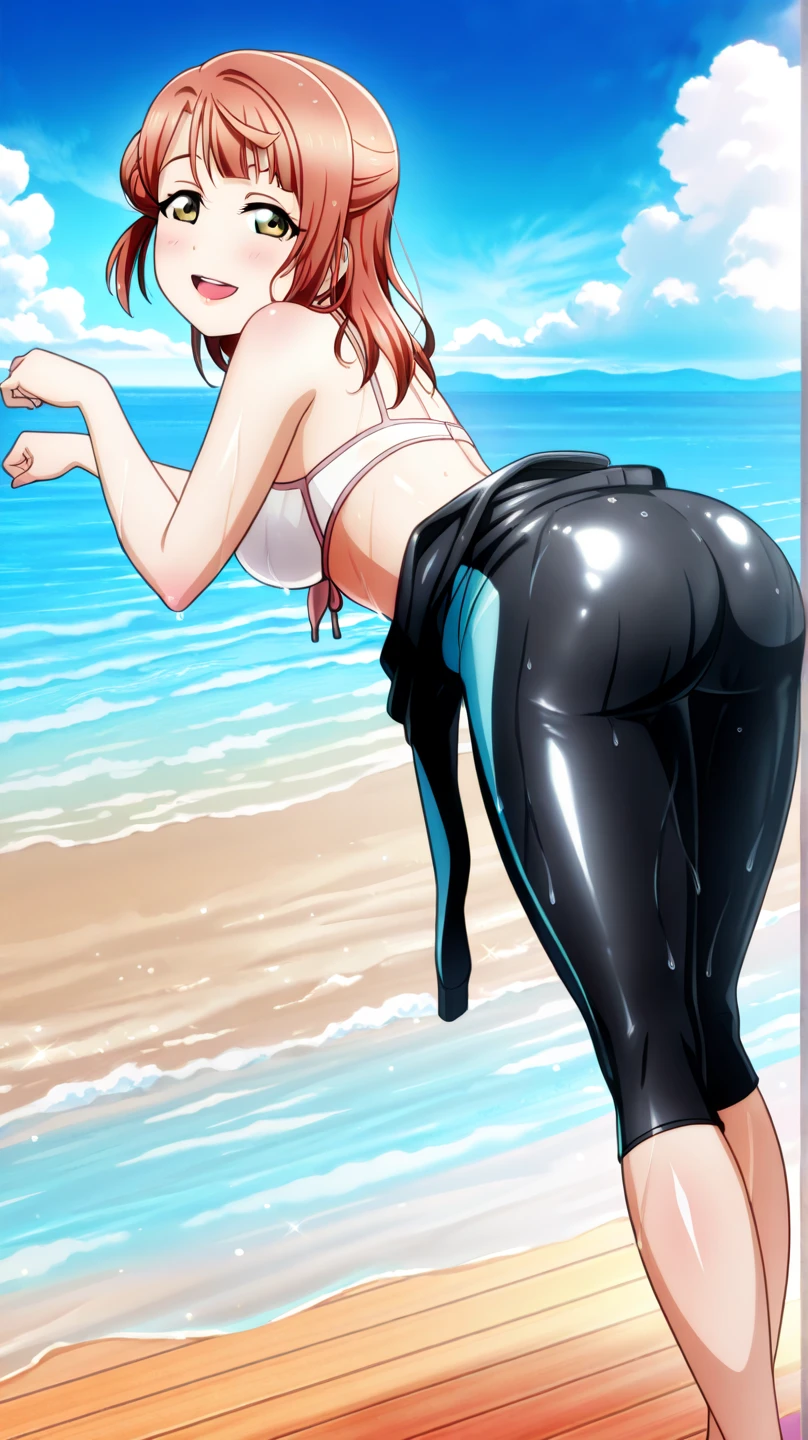 highres, beautiful women, tanned gyaru, blonde hair, high detail, good lighting, lewd, hentai, (((shiny wet spandex short-sleeved cycling suit))), ((wet clothes)), ((soaking wet)), ((wetlook)), bare thighs, nice legs, (((wetting herself))), (peeing herself), peeing stain, (puddle), (thick thighs), nice long legs, lipstick, detailed face, pretty face, seductive face, aroused, sexually excited, (full body shot), ((in the ocean at public beach)), (view from behind)