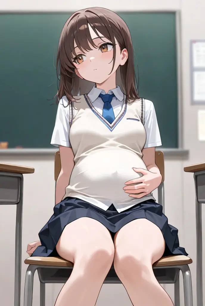 Woman, Short hair, wearing uniform, pregnant, beautiful face, beautiful body,Anime art, Masterpiece, High quality, Detailed, Background locker room,Random pose