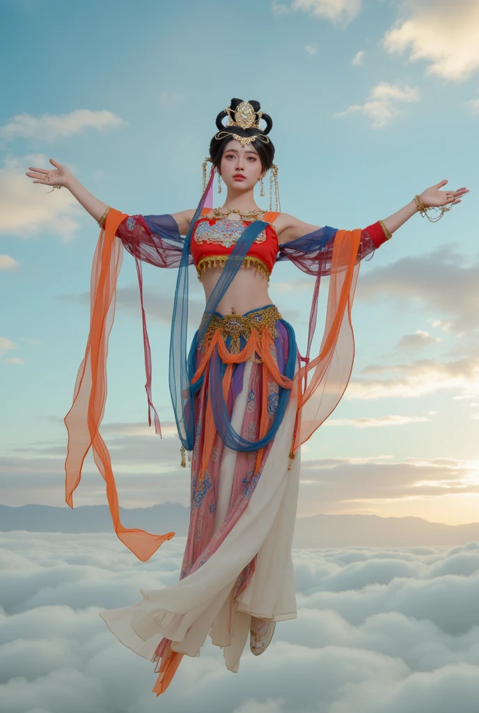 (8K, RAW photo, Best quality, tmasterpiece:1.2), (Realistic, photo-realistic:1.4), (Extremely detailed Cg Unity 8K wallpaper), ，1 girl solo, Dance, dunhuang_dress, dunhuang_Style, dunhuang_Background,Flight flyers arrive，Wearing a royal blue robe，Bounce the lute，It's like dancing in the clouds， Surrounded by a sea of clouds and birds，It's a fantastic wonderland，Clouds are meticulously outlined in the frescoes，Layer by layer，It was as if there were clouds wafting；And those birds，Soar above the sea of clouds，Looks natural，Very energetic