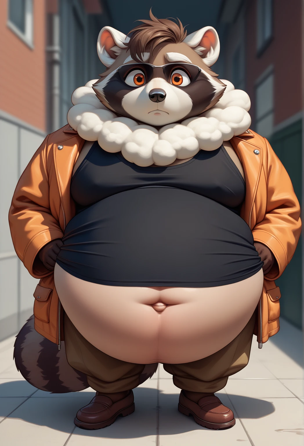 4k ultra quality, 4k half body view,ultra high detailed body,feral (red panda),wide body,charming body,chubby body,chubby face,shiny fur, big belly, (round belly), hyper belly, enormous belly, enormous body,by mystikfox61, by glitter trap boy, by bebebebebe,by morethreedee, by seibear,(thick thigh),(chubby thigh),thicc thigh,thick legs,chubby legs,thicc legs,enomorous thigh,massive thigh,massive legs,(detailed thigh),(wide thigh),thick butt,sharp nails,(detailed face),bloated belly,enomorous thigh,detailed paws,thick paws,chubby paws,(loose shirt),feral legs,(loose shorts),tight bulge
,in a city,(macro),ultra bigger penis,thick penis,long penis,(detailed bulge),sitting on building, among crowd,((hyper penis, hyper balls, huge penis, huge balls, huge chode)),(embarrassed face),front view
