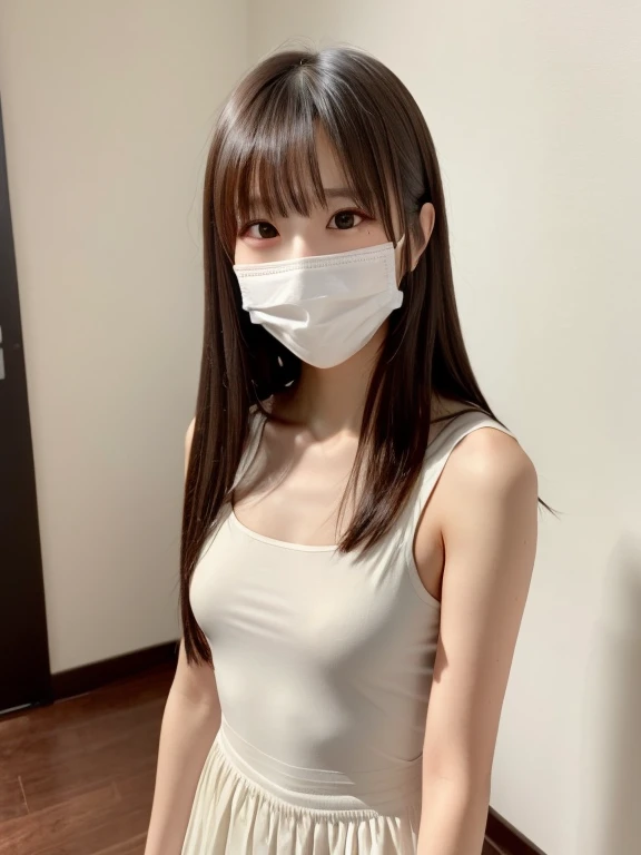 tmasterpiece，1girll， Delicate skin， looking at viewert， Brown eyes，（realisticlying：1.4）， （Best picture quality：1.0）， （超高分辨率：1.0）， 8K， primitive，（PureErosFace_V1：0.5），Short straight black hair at the shoulders，Small chest，flatchest，Inside the white shirt is a pink-purple yoga vest，Wearing a medical mask on his face，at the doorstep of a school，outside，Dusk light，The upper part of the body