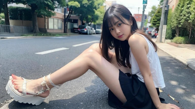 return center of gravity, put both hands in front of both feet, Place both feet in the hands, pretty embarrassing, , thin legs, Tight Skirt, 90 degree knees, put the heel on the ground, hands at feet, hug my legs, kneel down, sidewalk, RAW photo, 8K, highest quality, ultra high resolution, beautiful face details, real human skin, gentle expression, Front view, angle from below, long hair, realistic, realistic, cute, short skirt, Crouch deep in the city, cute女子高生, japanese high school girl uniform, Wearing Japanese school uniform, surreal high school girl, whole body,