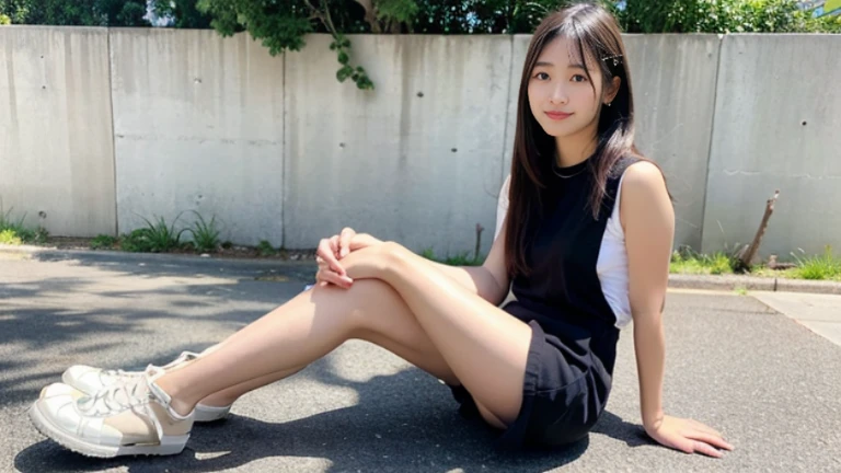 (highest quality,8K quality,masterpiece:1.3),(ultra high resolution,Photoreal:1.4,RAW photo),(Super detailed,caustics,detailed background),(ultra-realistic capture,Fine and beautiful skin,perfect anatomy), beautiful eyes, . double, Clean city,18-year-old,cute,Black Long, white short sleeve t-shirt,looking at camera,laughter,full body shot,natural soft light, smile, white teeth, perverted woman, Leg Pose, white thighs, beautiful feet, beautiful feet