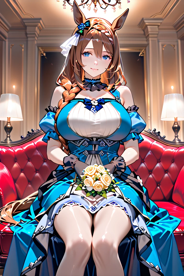 Masterpiece, high quality, 4K, best quality, Paris France city background, Ruan Mei had light brown hair, casually tied into a bun with a few safety pins and ribbons. Her clothes are dominated by blue and white, her dress is made in the traditional Luofu Xianzhou style  , sitting on a cafe chair, and on the table there is a foamy drink，Become a，Large Breasts，Lipstick，Smile