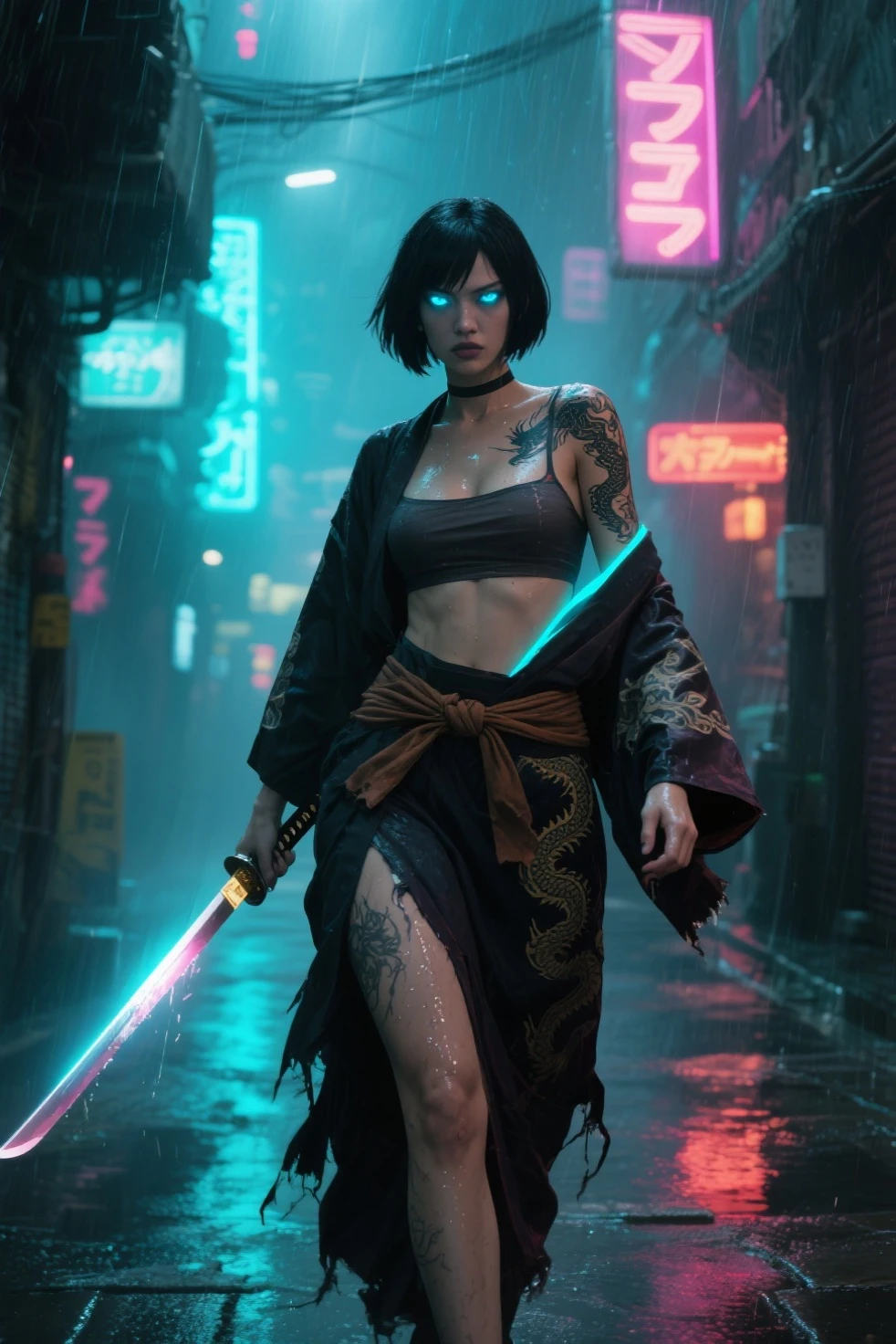 A fierce and  American actress portraying a female Yakuza boss in a gritty cyberpunk setting. She has a sleek short black bob haircut, piercing neon-blue eyes, and a sharp, elegant nose — her face is a striking blend of Western and Japanese features. She is walking confidently down a rain-soaked, neon-lit alley in Neo-Tokyo, surrounded by glowing signs, electric fog, and the reflections of city lights on wet pavement. Her kimono has been removed and is now loosely wrapped around her waist, knotted at the side like a makeshift belt. The fabric is torn and soaked, trailing behind her slightly as she moves. Her upper body is exposed, showing a sheer combat top and a glowing irezumi-style dragon tattoo along her side and shoulder. Her body glistens with rain, her expression cold, battle-worn, and powerful. In one hand she carries a glowing katana, loosely held and ready for another fight. The atmosphere is cinematic and raw — a moment between vengeance and survival.