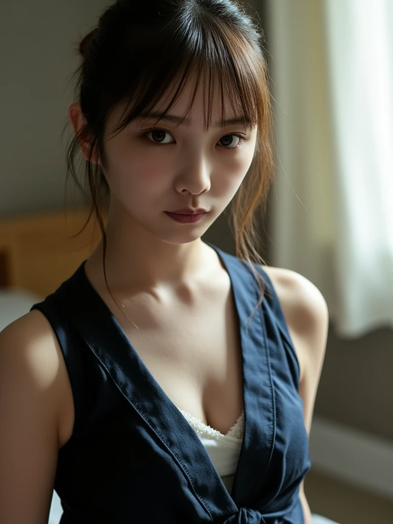 best quality, face focus, soft light, ultra high res (photorealistic:1.4), RAW photo,
1japanese girl, solo, cute, (pupil, lights in the eyes), detailed beautiful face, (medium chest),(high-resolution detail of human skin texture),
(ponytail hair), (sidelock bangs)
indoor,
Blue T-shirt,
(Portrait)