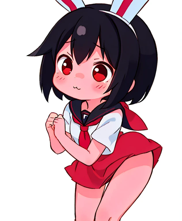 masterpiece, best quality, solo, 1girl, one eye closed, , simple background, skirt, hair bun, black hair, serafuku, twintails, double bun, long hair, open mouth, hand on hip, red eyes, pleated skirt, white sailor collar, white skirt, bangs,, tomoeda elementary , looking at viewer(vaginal sex:1.3),