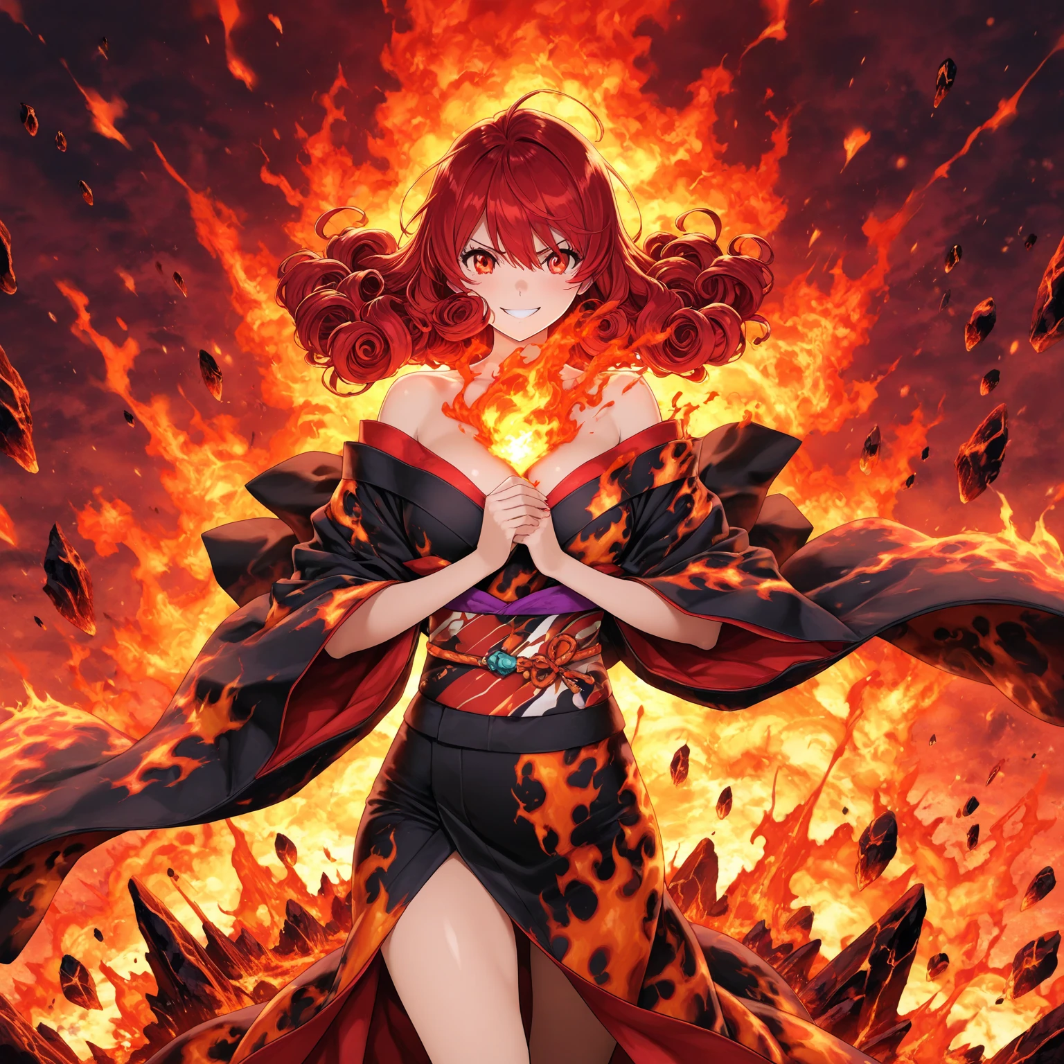 Woman,tied red hair,red eye,red lipstick,hoop earrings,doctor's coat,red dress,psychopath smile,"One Piece-inspired anime design,filled with dramatic and stunning lighting,infused with creative details,ultra-fine 2D design,settings bathed in creativity,boasting 2D anime resolution clarity,HD anime graphics,high-octane rendering"