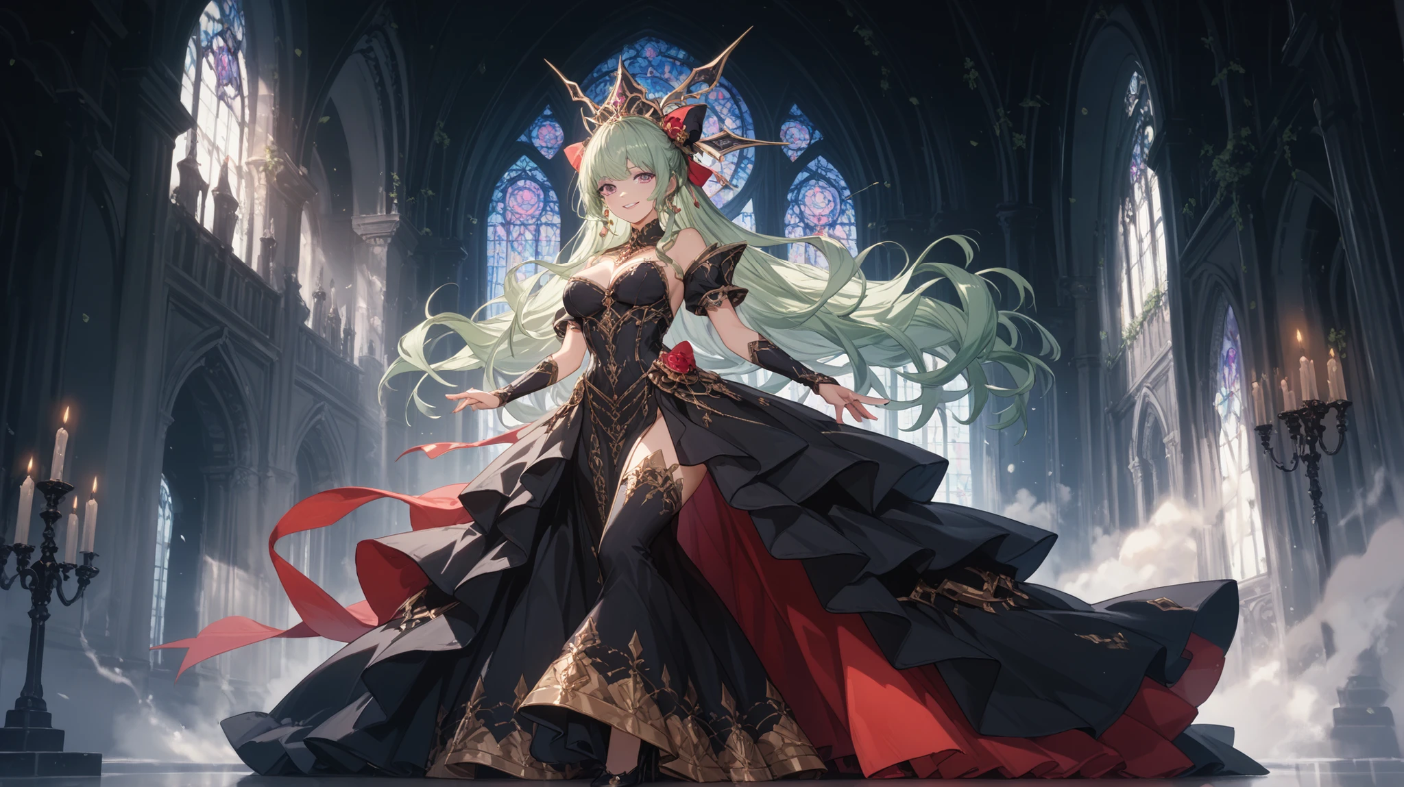 A beautiful fallen elven woman stands in a dark cathedral, her long light green hair fading into black at the ends. Her glowing violet eyes and gentle, enigmatic smile convey both grace and mystery. She wears a black and crimson silk ceremonial dress adorned with gold embroidery. The dress is gracefully fitted around her ample figure, with a refined open neckline that adds both dignity and allure. She stretches her arms gracefully, as if inviting peace. The atmosphere is mystical with soft divine backlight creating a sacred yet corrupted ambiance. Full body, semi-realistic fantasy anime style, highly detailed.