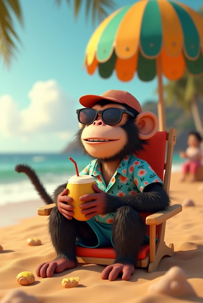 A monkey sunbathing by the sea, wearing sunglasses, umbrella, deck chair, 2.5D, model, 7:5 --auto --s2