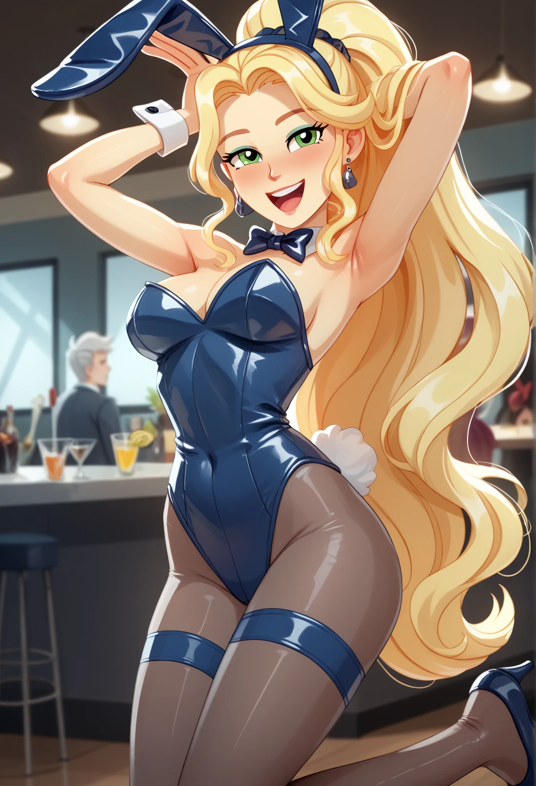 (2heads:1.5), best quality, masterpiece, highres, solo, {asuna_bluearchive:1.15}, long_hair, bangs, blue_eyes, smile, hair_over_one_eye, light_brown_hair, breasts, blush, halo, large_breasts, ribbon, bow, bowtie, grin, hair_ribbon, blue_bow, blue_bowtie, cleavage, blue_ribbon, very_long_hair, mole, mole_on_breast, 1girl, bare_shoulders, detached_collar, looking_at_viewer, official_alternate_costume, traditional_bowtie, upper_body, leotard, full body, neutral pose