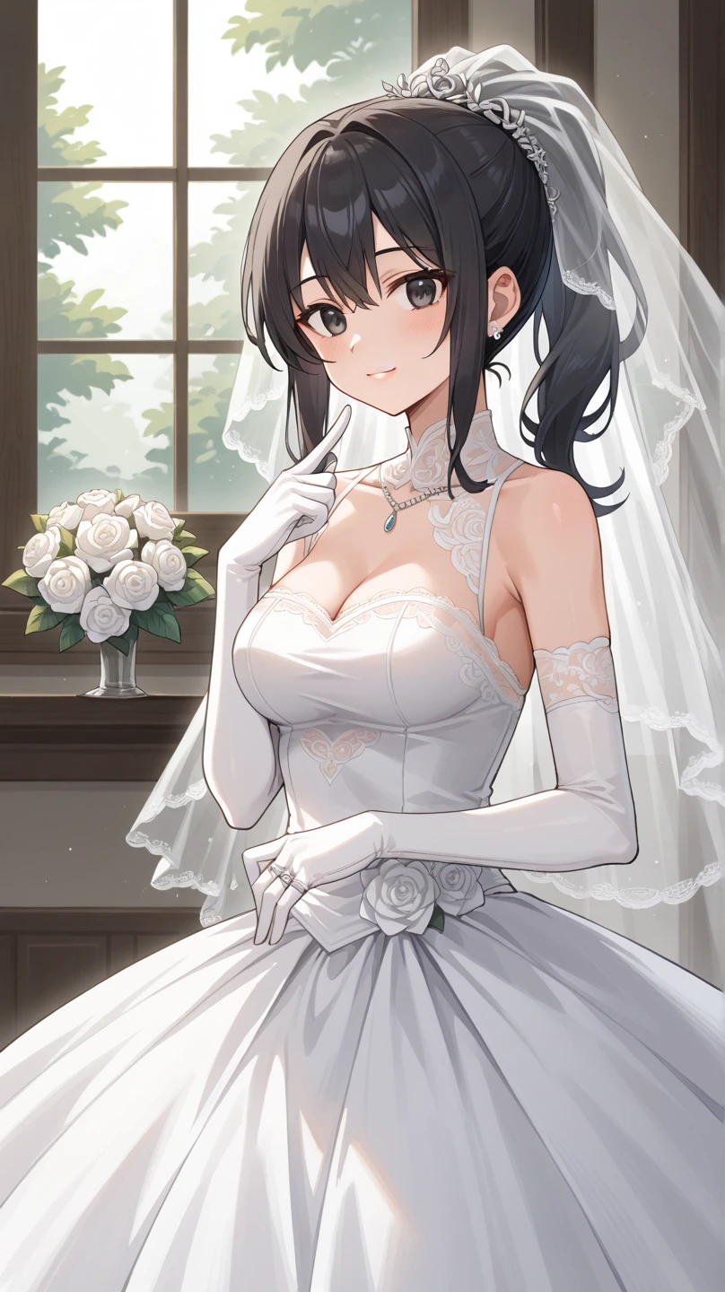 ((Masterpiece)), (((Best quality))), ((Ultra-detailed)), ((illustration)), ((Disheveled hair)), ((frilld)), (1 girl), (Solo), double tails, (Yellow eyes:1.2), Heterochromatic, (red eyes:1.2),Bare shoulders , Black hair , Blurry, Blush , Breasts , Bridal veil , Bride , 鎖骨, cleavage, clothes pull, Clothing , dress , Elbow gloves , Eyebrows visible through hair, Female , Female only , mitts, gore , headdress , Headwear, Holding , holding clothes , holding object , jewelry , Large breasts , Leaning forward , Long hair , view the viewer , necklace, No bra , petals , Red eyes, Skirt , skirt hold , Skirt lift , skirt pull, Smile , Solo , Star , No shoulder strap, Strapless dress , hair tying, double tails , light yarn , Wedding , (Wedding dress:1.2) , White gloves ,