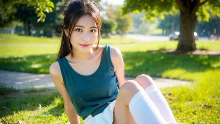 Pure Japanese school girl, natural body, wearing , natural ponytail, no makeup, impressive big brown eyes, pure smile, feeling soft breeze in hair, sitting, little bit sexy feeling, sweet temptation, professional portrait photography, dazzling summer sunlight, 