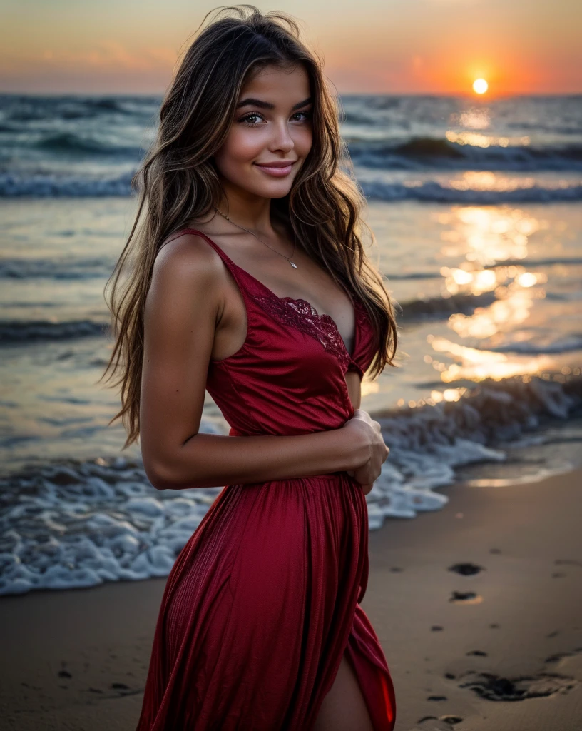 Beautiful one、Detailed eyes、、Highest quality, 超High resolution, (Reality: 1.4), Super Beauty、Beautiful Skin、Slender、Body facing forward、(Surreal)、(High resolution)、(8k)、(Beautiful and detailed eyes)、Detailed face、Bright lighting、Face Focus、Look straight ahead、(The costume is a damask shirt dress.)、Long Hair, Evening scenery、Brown Hair、Japan is an idol、、Age 20、 smile, Seascape