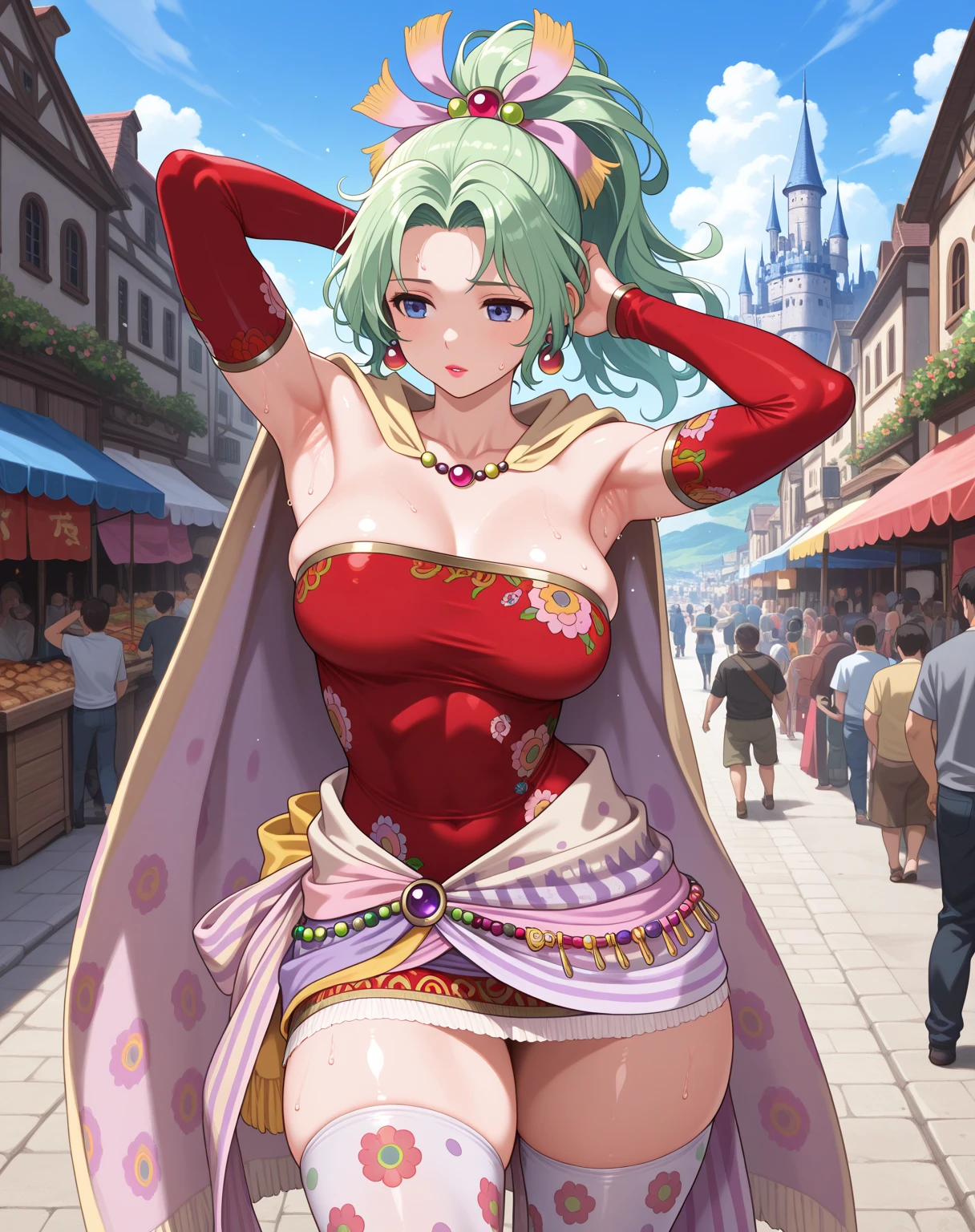 (masterpiece, best quality), female elderly, buoyant, east asian, honey eyes, unusual ears, round nose,  angular jaw,  unique forehead, heart face shape,   , mint green pompadour hair, contentment wearing tiered romper, bralette,  , arm overhead pose, raising one arm overhead with a flirtatious smile, exuding elegance and allure, silhouettes, characters outlined against a bright background, evoking intimacy without explicit details, a vibrant farmer's market, bustling with people and colorful produce