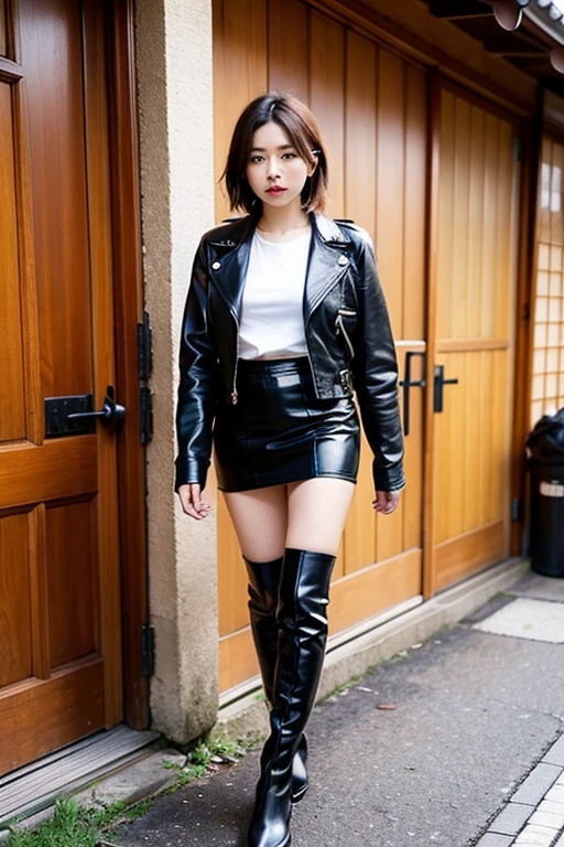 Realistic, software, Beautiful Japanese Girl, A shy smile,Bob cut short hair,leather jacket,Leather skirt,boots,Bob