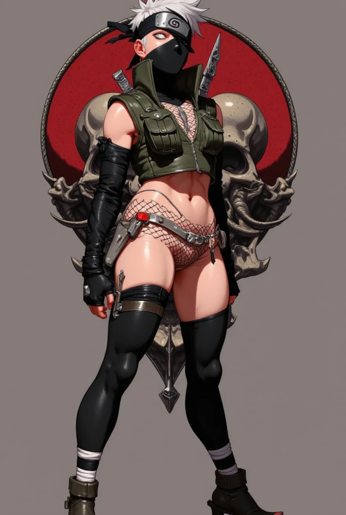 Woman of below average height, short dark blonde hair with asymmetrical bangs, olhos castanhos escuros. Mulher nua usando pintura corporal de camuflagem marrom (NSFW), no underwear, metal knee pads, Black boots and brown camouflage hat. cor da base marrom, roupas coloridas, (NSFW).