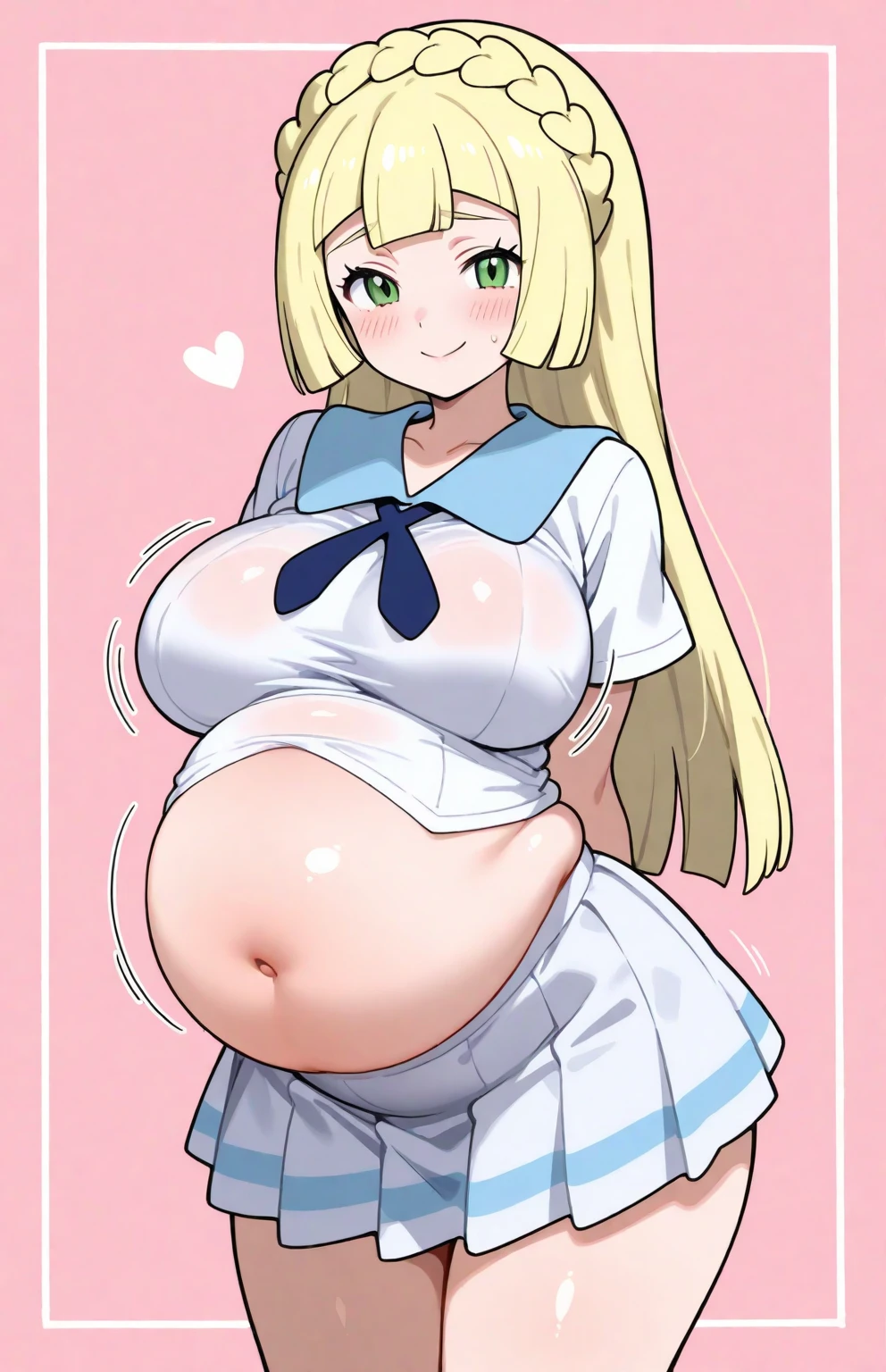 Bishojo anime style,pregnant high school girl,white huge maternity ,blonde curled fringe with bun hair,
scrunchie,Semicircular eyes,laugh,happy,love, aura of love, agape,