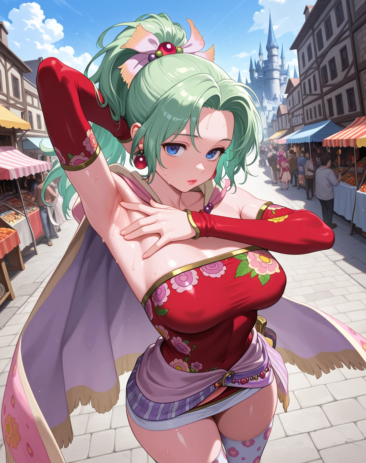 masterpiece, best quality, absurdres, <lora:lene-fe-richy-v4-000011:0.8> leneplegian, alternate costume, 1girl, solo, :d, dancing, floating hair, motion lines, jewelry, green hair, ponytail, green eyes, navel, midriff, pelvic curtain, black legwear, pantyhose, fine fabric emphasis, cleavage, gold trim, bracelet, sandals, necklace, earrings, shawl, ruins, castle, field, detached sleeves, halterneck, criss-cross halter