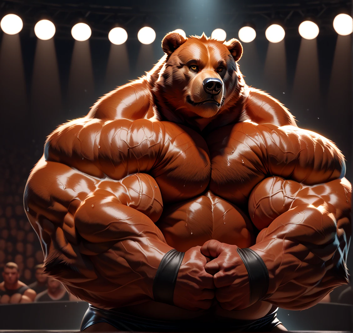 human nature, cannon, male, solitary, ((the strong，Handsome)), (Grizzly Bear), Chibo，Six-pack abs，(Athletics，podium)，flexing victory，Black shorts，Sweat:1.3，gold metal:2.1, high quality, (4K,high quality, high resolution, masterpiece), cartoon,by lindong