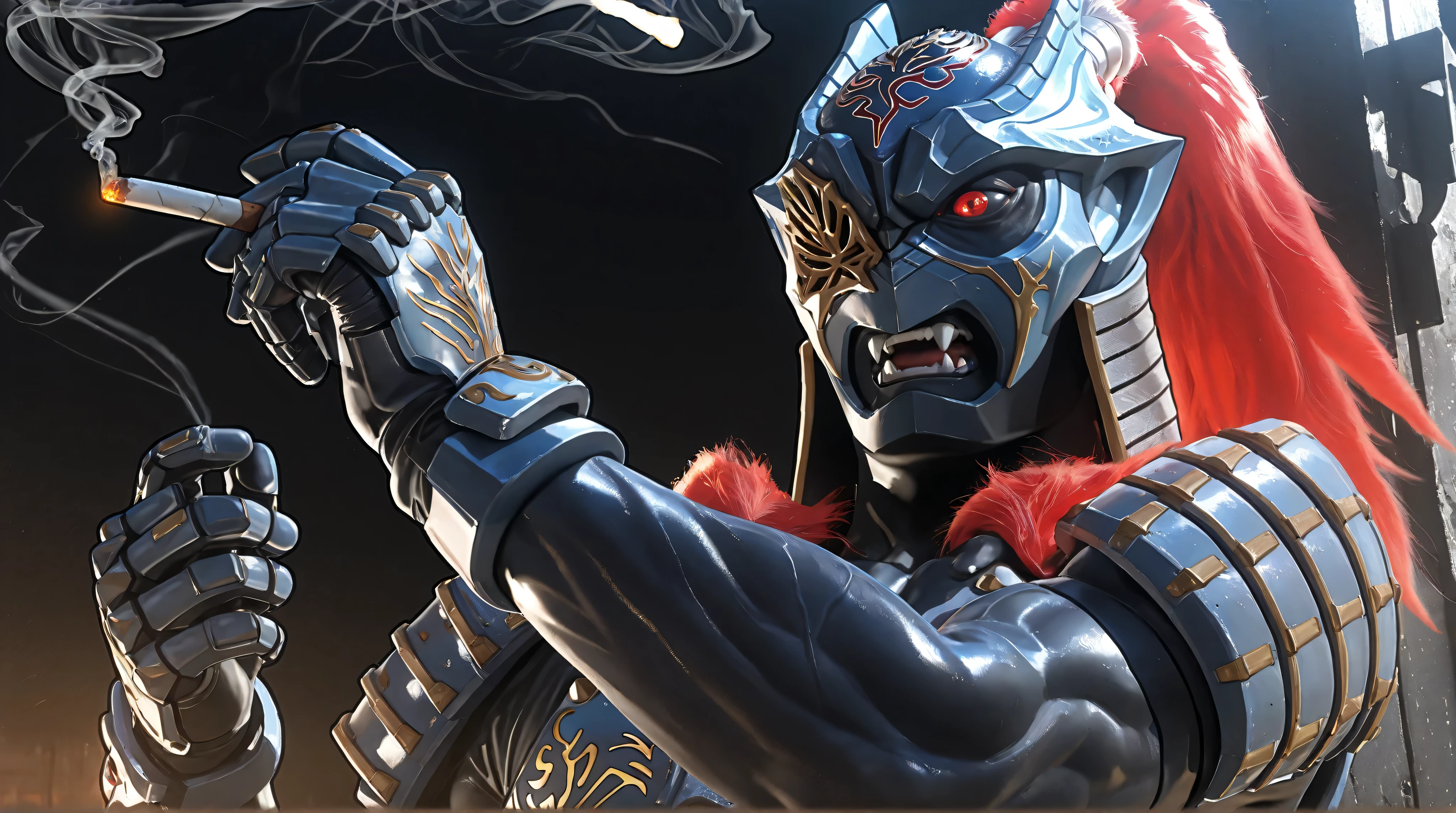 (Zamushar, pitch black manly body, masculine, muscular, defined muscles, bara, detailed armor), nsfw, monster male, shiny skin, red hair, ponytail, white pupils, fangs, uneven eyes, (one-eyed), chest armor, waist armor, Gauntlets, (muscular), leg guard, evil eyes, [[[close up]]], (smoking, five fingers:1.25), upper body, BREAK, (dutch angle), (white background), dynamic lighting, rim lighting, japanes nature, night, BREAK, masterpiece, best quality, official art, detailed, 8K, game cg, ultra-detailed, beautiful detailed eyes, very aesthetic, IllusP0s, nsfw, (solo), five fingers, 