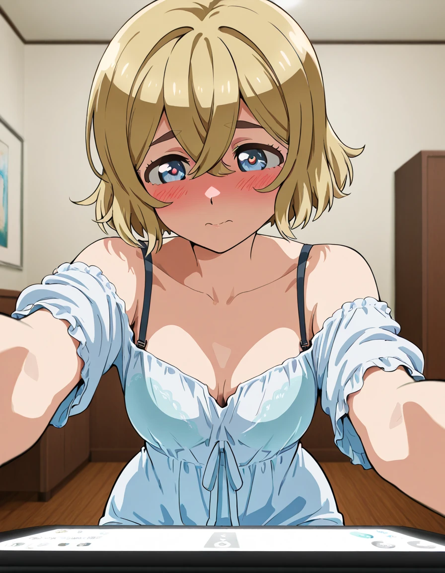 Beautiful Woman, erotic body, cute looking, anime style, girls room, night country background, cute clothes, blonde hair, middle, midnight hour, big tits, short hair, naked, sophisticated hair, Sex, pussy