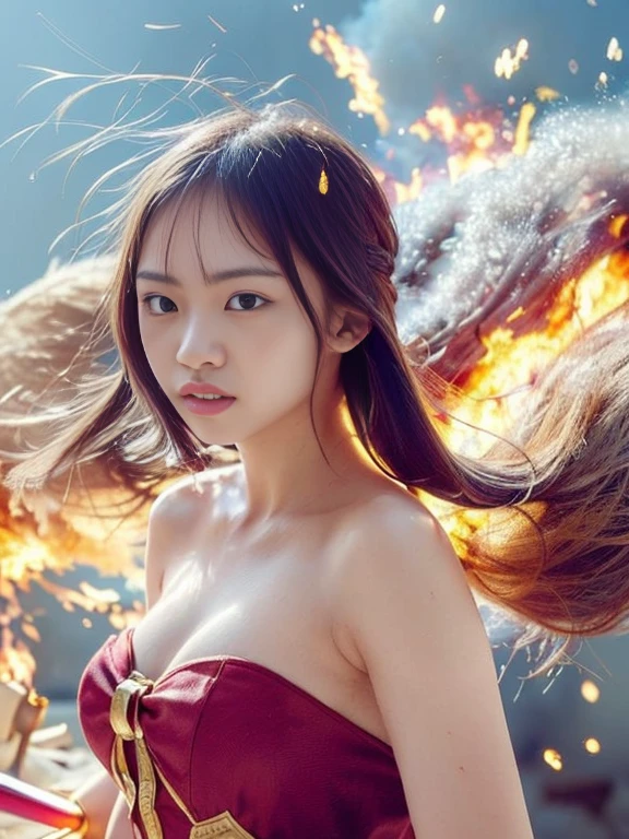 Outstanding drawings of beautiful white girls, loimu, surrounded by flames, dota2 firegirl style, Ghost knife style, Fire-like hair, long red hair, watery blue big eyes, thin waist, wide hips, Mage Dress, Magic Color, Warcraft style world, blizzard entertainment, Ultra HD, 8K, Real skin texture, best light, Best Shadow, dota2 lina, action, a magical world, Overhead view, small mouth, small nose, Big eyes, Cute