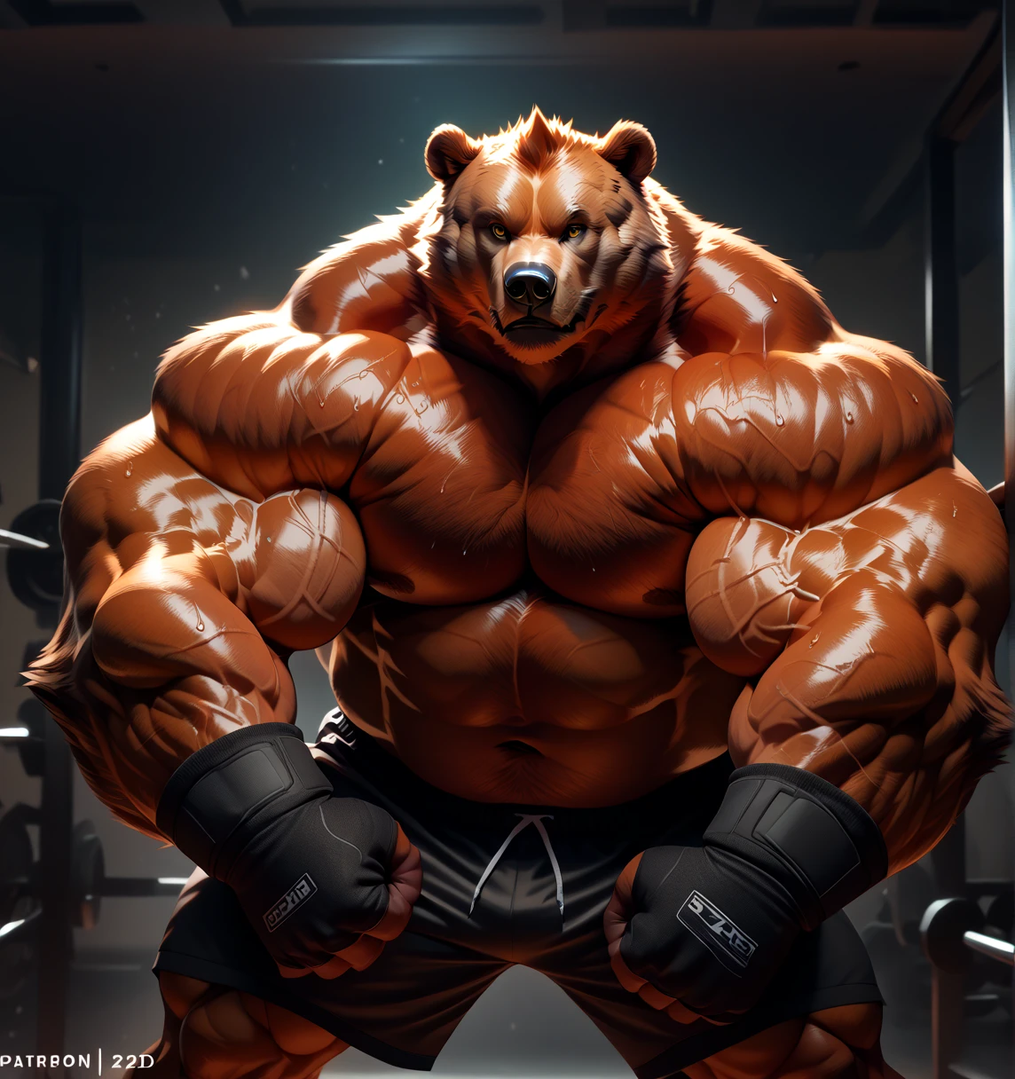 (best quality, 4k, highres, masterpiece:1.2), 1bear, 1boy, ultra-detailed, fury, furry art (realistic, photorealistic, photo-realistic:1.37), massive muscular, huge muscular, chubby Grizzly bear, working out, incline bench press, workout in the gym, pumping his huge pectoral muscles, straining, sweating, black shorts and black wristbands, lifting heaviest weight, barbells, gym equipments, brown hair, thick brown fur, super thick arms, super big pectoral, super wide hairy pectoral, topless, shirtless, eyebrows, impressive brown beard, strong jawline, kind eyes, strong arms, proud posture, well-built physique, professional lighting and backdrop, intense shadows, vibrant colors, dramatic composition, gritty texture, vintage aesthetic, dynamic perspective. Add textures and details to make the image more realistic, such as the appearance of the body built muscles texture and the appearance of the brown fur, pumping up Bench Press 500lbs raw paused x2 405x10 paused of swollen muscles